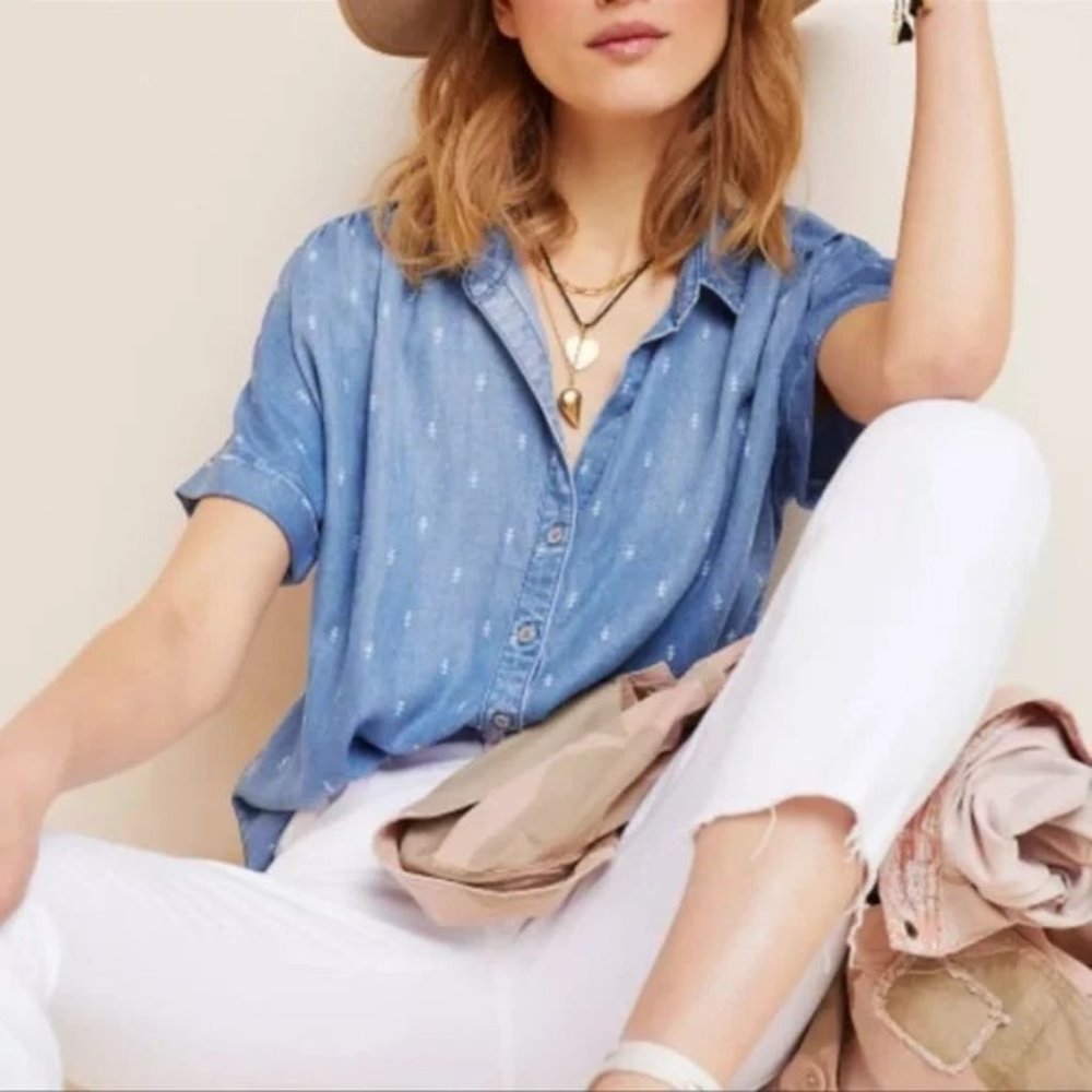 Anthropologie Cloth & Stone Oversized Pattern Chambray Button Down Top